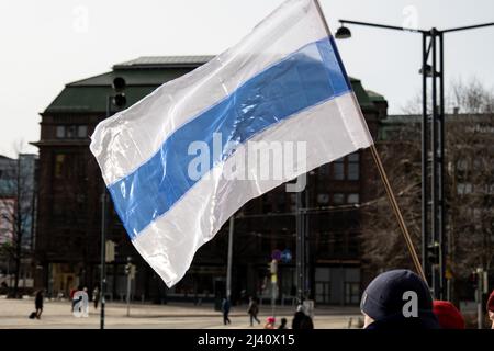 Russian anti-war white-blue-white flag in Helsinki Stock Photo