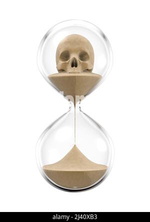 End of time - 3D illustration of skull made of sand inside hourglass isolated on white studio background Stock Photo