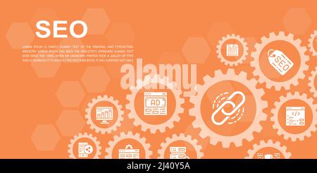 SEO landing page design template. Bookmark, Hosting, Hyperlink, Advertisement, Data Transfer illustration for web banners, print materials. Stock Vector