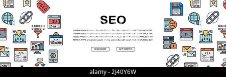 SEO horizontal colorful banner. Bookmark, Hosting, Hyperlink, Advertisement, Data Transfer illustration. Web banner layout template. Stock Vector