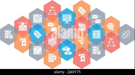 SEO line icons banner. Bookmark, Hosting, Hyperlink, Advertisement, Data Transfer concept set icon. Flat Vector Illustration. Stock Vector