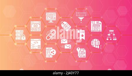 SEO modern icons line banner. Bookmark, Hosting, Hyperlink, Advertisement, Data Transfer illustration concept for web design. Stock Vector