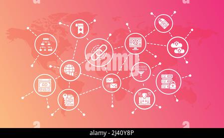 SEO promotion icons illustration. Bookmark, Hosting, Hyperlink, Advertisement, Data Transfer line icons banner. Vector illustration in line style. Stock Vector