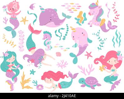 Sea cartoon unicorn. Mermaid character, fish and seahorse. Cartoon cat with mermaids tail, underwater turtle and creature. Mythical nowaday vector sea Stock Vector
