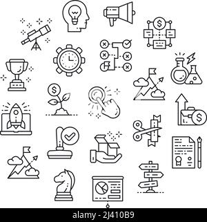 Start up line icon set. Time management, idea generation, presentation icons in a circle isolated on white background. Stock Vector