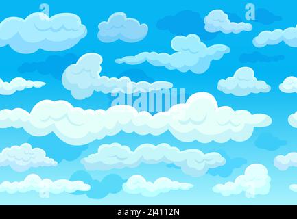 Cartoon clouds on blue sky. White cloud flying print, simple aerial landscape. Natural border, spring summer cloudy weather. Heaven neoteric vector Stock Vector