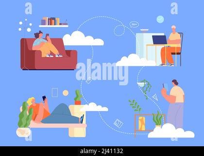 Team work in cloud service. Remote job and communication, home office. People talk in web. Storage or database vector concept Stock Vector