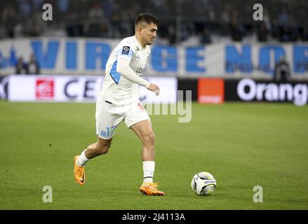 Cengiz Under of Marseille during the French championship Ligue 1 football match between Olympique de Marseille (OM) and Montpellier HSC (MHSC) on April 10, 2022 at Stade Velodrome in Marseille, France - Photo: Jean Catuffe/DPPI/LiveMedia Stock Photo