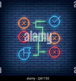 Vector correct solution, labyrinth, algorithm neon sign. Vector illustration in neon style. Stock Vector