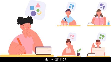 Different thinking types. Logic, creativity, abstract and mixed mind processes. Kids think diverse. Cartoon students reading and writing, education Stock Vector