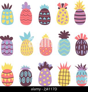 Abstract decorative pineapple. Contemporary design pineapples, modern fruits stickers. Juice textured elements, baby scandinavian style decent vector Stock Vector