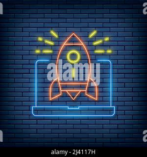 Vector rocket launch from laptop, startup neon sign. Vector illustration in neon style. Stock Vector