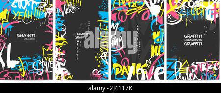Graffiti posters. Street walls art banner, marker ink paint urban design. Neon colors drawing, spray and scribble elements. City style neoteric vector Stock Vector