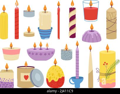 Candles set. Craft candle with details, romantic relaxation and party elements. Isolated wax with fire, aromatherapy warm light. Decoration home spa Stock Vector