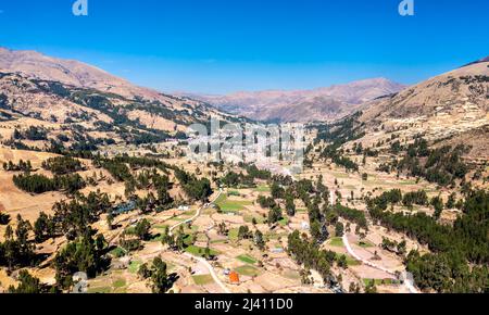 Aerial view of Pitumarca town in the Cusco region of Peru Stock Photo