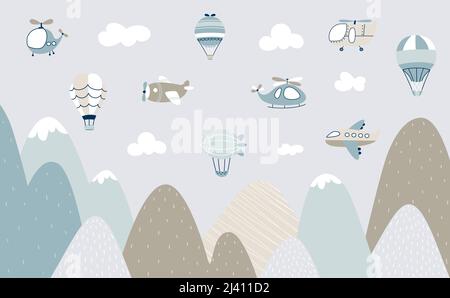 Scandinavian style kids landscape. Aircraft flying over mountain, childish banner with air transport and rocks. Nursery print, cartoon nowaday vector Stock Vector