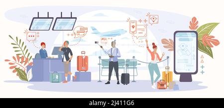 Registration in airport terminal passengers standing in queue at departures gate. Check in. Vector illustration Stock Vector