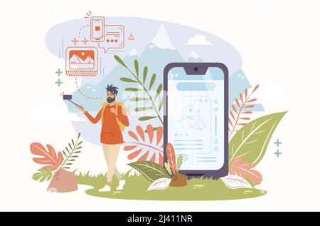 Man taking a selfie on the mountain after looking up the trip on his smartphone. Vector illustration. Stock Vector