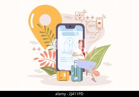 Woman looking for an air or train ticket on her smartphone with her bags packed. location icon. Vector illustration Stock Vector