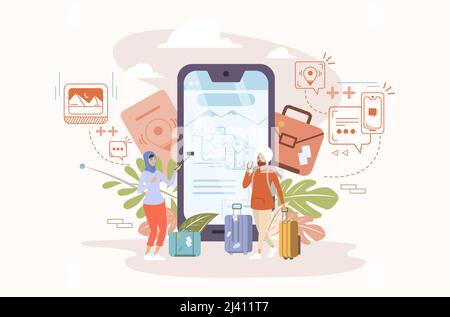 Muslim man and woman with suitcases looking for plane tickets on the smartphone. trip to the mountains. Vector illustration. Stock Vector