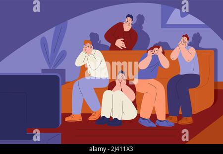 Friends watch horror. Watching film and scared together. Movie or tv show, man woman sitting on sofa at home. Teenagers or kicky young adults party Stock Vector