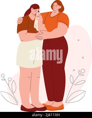 Compassion and support. Mother hug girl, friends helping together. Crying sister or friend, hugging therapy. Sad person in grief, empathy kicky vector Stock Vector