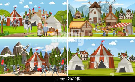 Set of different scene medieval illustration Stock Vector