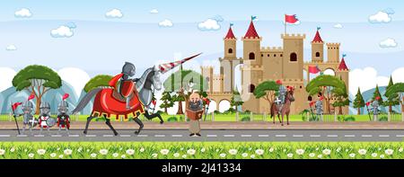 Medieval town scene with villagers and castle illustration Stock Vector