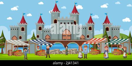 Medieval market scene with villagers illustration Stock Vector Image ...
