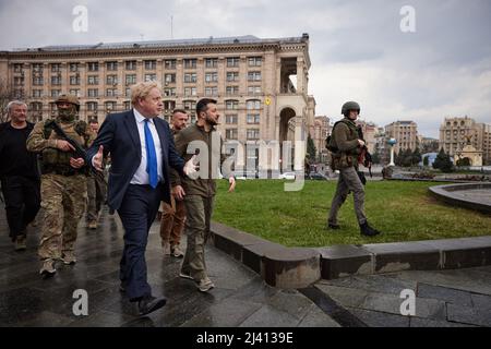KYIV, UKRAINE - 09 April 2022 - British Prime Minister Boris Johnson meets the Ukrainian President Volodymyr Zelensky during a suprise visit to war-to Stock Photo