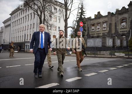 KYIV, UKRAINE - 09 April 2022 - British Prime Minister Boris Johnson meets the Ukrainian President Volodymyr Zelensky during a suprise visit to war-to Stock Photo