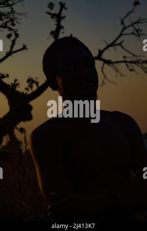 sunset pictures of some person standing behind a trees and a powerline crossing from one and to the other, you can see some houses in the village. Stock Photo