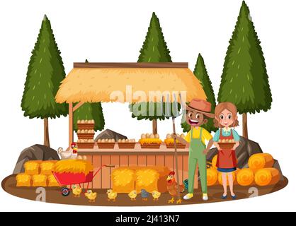 Farmers with fresh eggs and chickens illustration Stock Vector