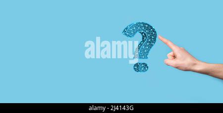 Question mark. 3d abstract on dark background with dots and stars. Ask symbol. Help support, faq problem symbol, think education concept, confusion se Stock Photo