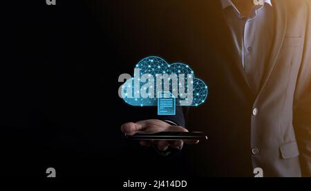 Cloud technology. Polygonal wireframe cloud storage sign with document icon on dark blue. Cloud computing, big data center, future infrastructure, dig Stock Photo