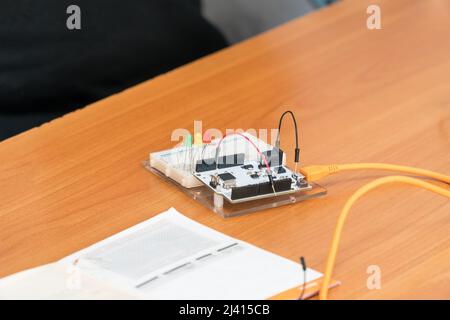 Small electronic Board with chips and wires Stock Photo