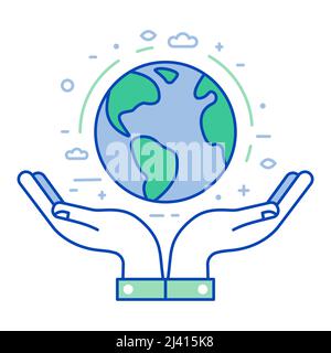 Planet Saving Earth Protection Icon in Line Art Stock Vector