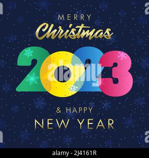 Beautiful greeting card Merry Christmas and A Happy New Year 2023. Snowy night bg. Coloured congrats. Isolated abstract graphic design template. Decor Stock Vector