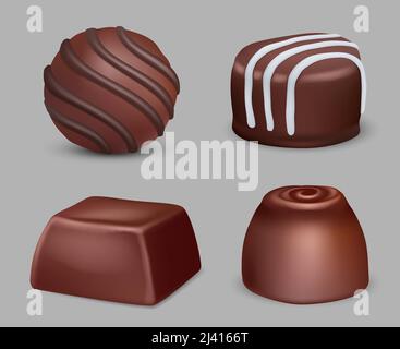 Chocolate candies. Delicious dessert various geometrical sweets with jam bonbons dark truffle decent vector sugar candies in realistic style Stock Vector