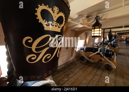 HMS Victory,oldest serving warship,244,years,service,Lord Nelson,Flag,Ship,Battle,Of,Trafalgar,Naval,Royal Navy,Docks,Portsmouth,Hampshire,England,UK, Stock Photo