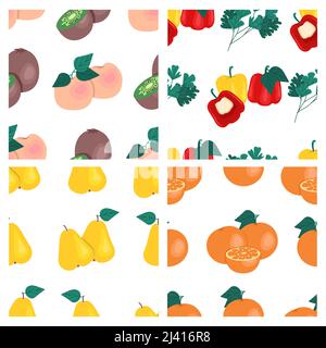 Set of fruits and vegetables seamless patterns. Kiwi, peaches, pears, oranges, bell peppers, parsley, fruit prints. Vector illustration. Stock Vector