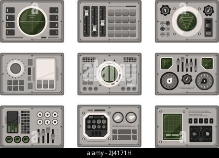 Ui controlling board. Digital dashboard for spaceship controlling displays round volume buttons garish vector interface templates set Stock Vector