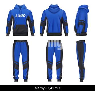 Sport wear. Casual clothes hoodie and pants for active people decent vector fashioned design templates in realistic style mockup Stock Vector
