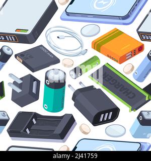 Chargers pattern. Energy power banks and charging smartphone battery garish vector seamless background Stock Vector