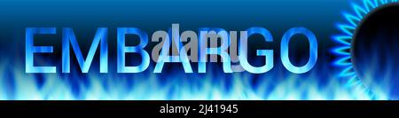 Embargo letters with gas flame. Banner on dark blue background. Neon illustration. Gas crisis and sanctions for Russia. Vector illustration. Stock Vector