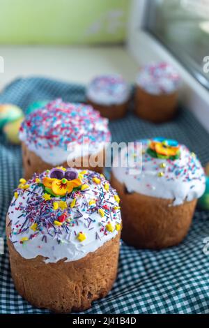 Easter Cakes - Traditional Kulich, Paska Easter Bread. Traditional Easter spring. Stock Photo