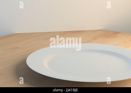 3d rendering of an empty plate on a wood table illustration Stock Photo