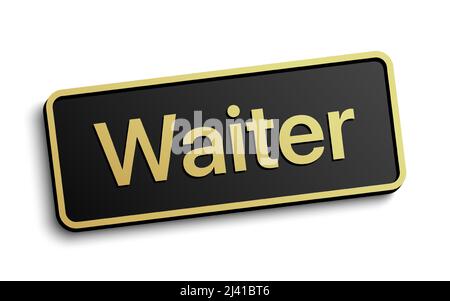 Classic style Waiter vector black badge with golden details, isolated on white background. Stock Vector