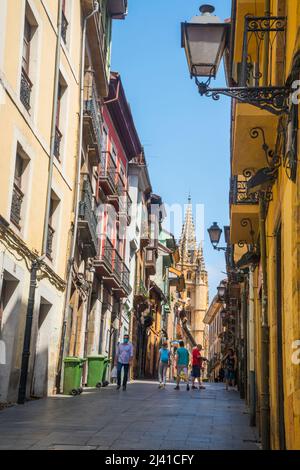 Street and cathedral. Oviedo, Spain. Stock Photo