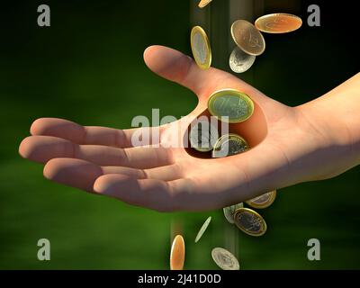 Money going through an hole in a man's hand. Digital illustration. Stock Photo